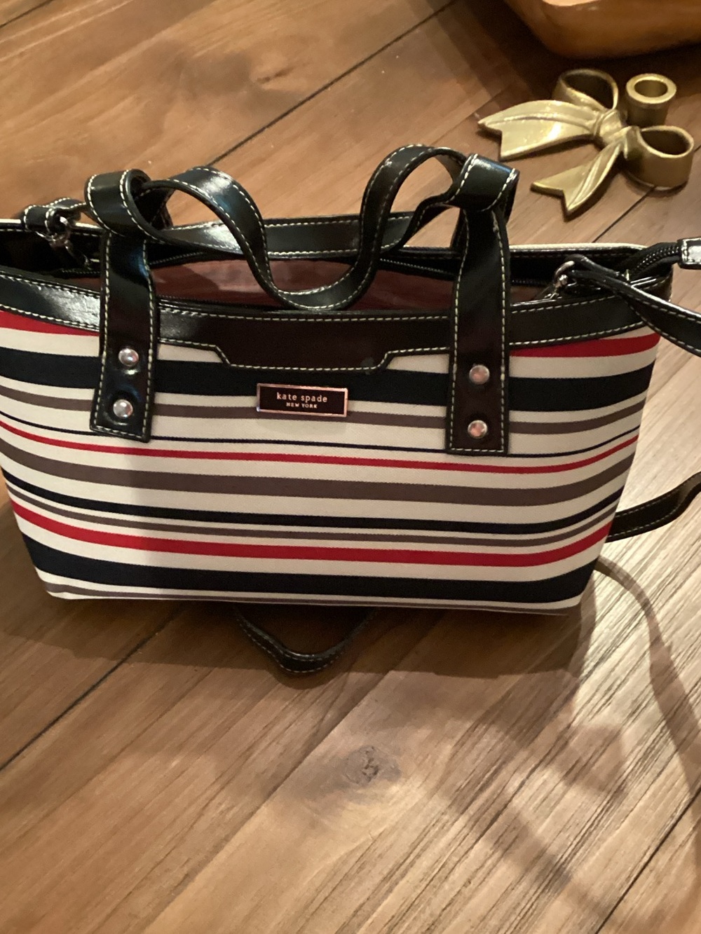 kate spade Striped Canvas Tote in Navy, White & Red with Black Trim